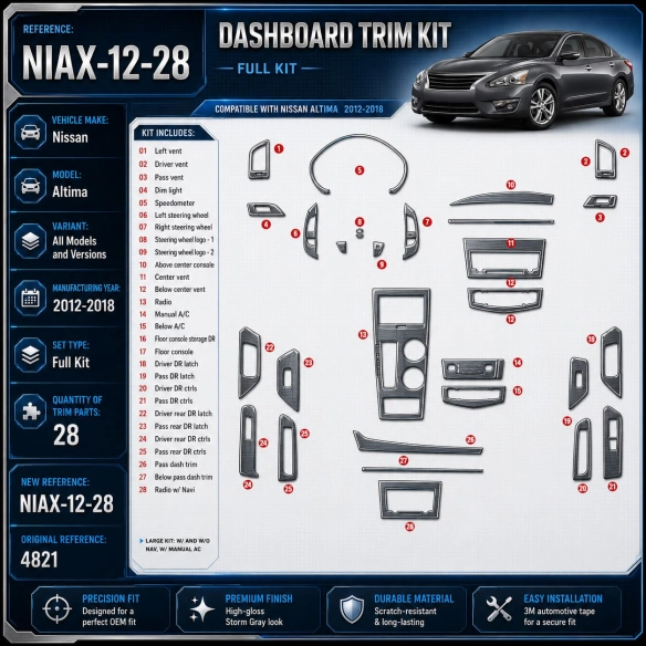 Nissan Altima 2009-2013 kit décoration intérieure tableau de bord 34 pièces