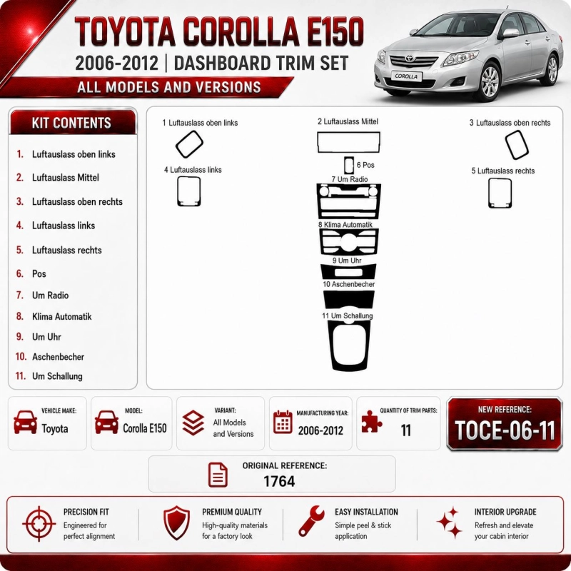 Toyota Corolla E150 2006-2012 3D kit décoration intérieure tableau de bord 11 pièces