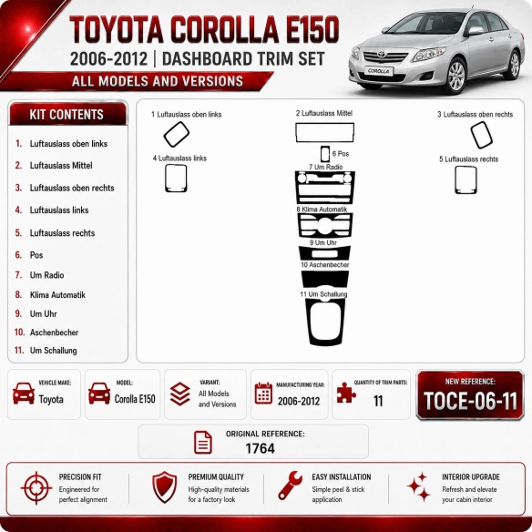 Toyota Corolla E150 2006-2012 3D kit décoration intérieure tableau de bord 11 pièces