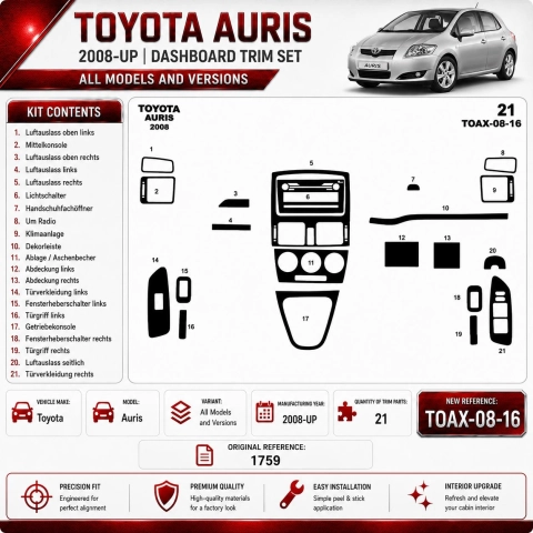 Toyota Auris 2008 - à aujourd’hui 3D kit décoration intérieure tableau de bord 16 pièces