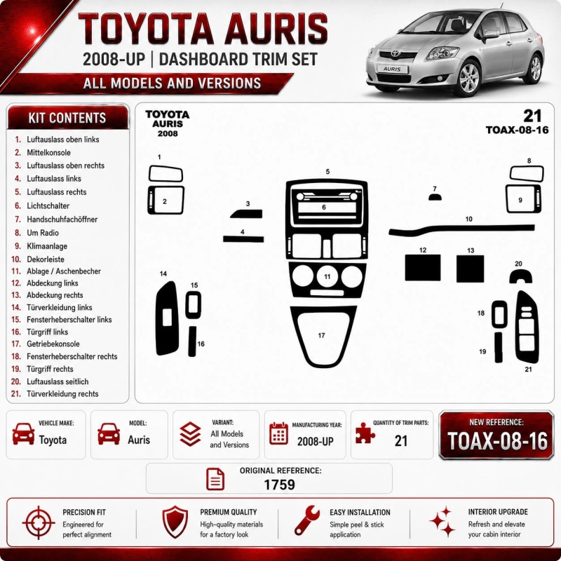 Toyota Auris 2008 - à aujourd’hui 3D kit décoration intérieure tableau de bord 16 pièces