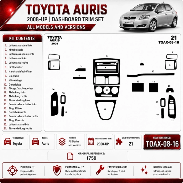 Toyota Auris 2008 - à aujourd’hui 3D kit décoration intérieure tableau de bord 16 pièces