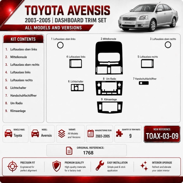 Toyota Avensis 2003-2005 3D kit décoration intérieure tableau de bord 9 pièces