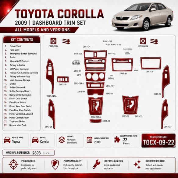 Toyota Corolla 2009 kit décoration intérieure tableau de bord 22 pièces