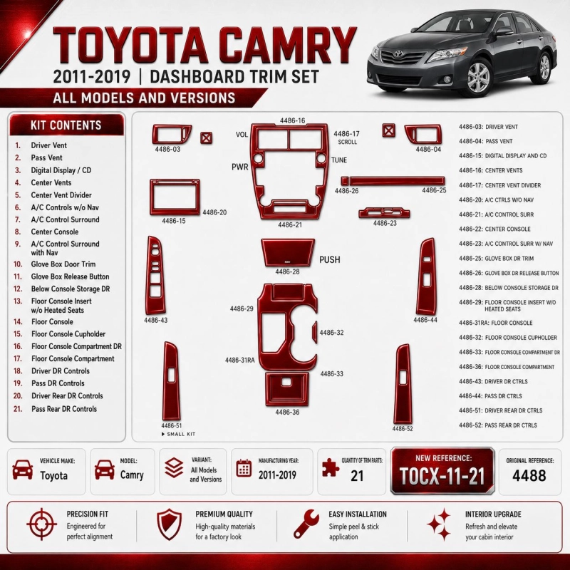 Toyota Camry 2011-2019 kit décoration intérieure tableau de bord 21 pièces