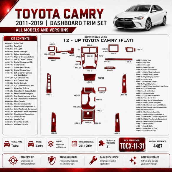 Toyota Camry 2011-2019 kit décoration intérieure tableau de bord 31 pièces