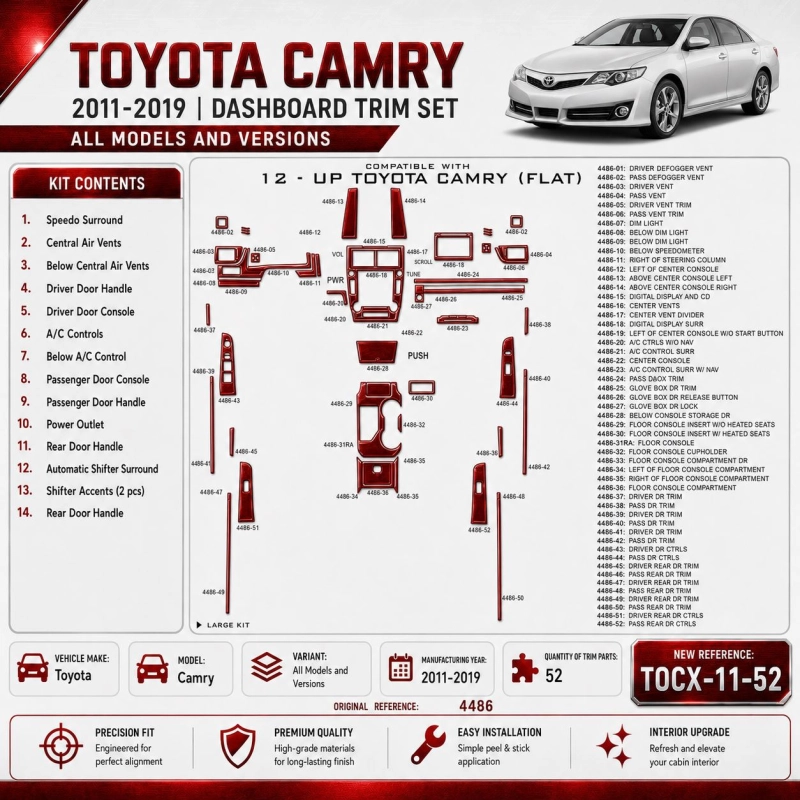 Toyota Camry 2011-2019 kit décoration intérieure tableau de bord 52 pièces