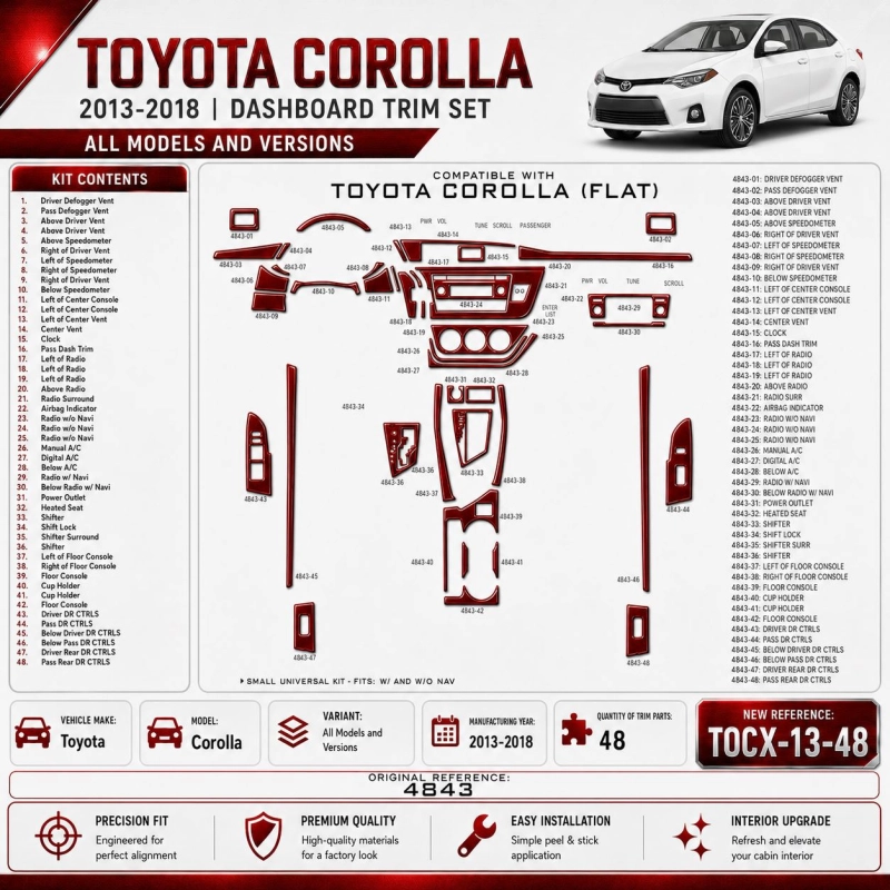 Toyota Corolla 2013-2018 kit décoration intérieure tableau de bord 48 pièces