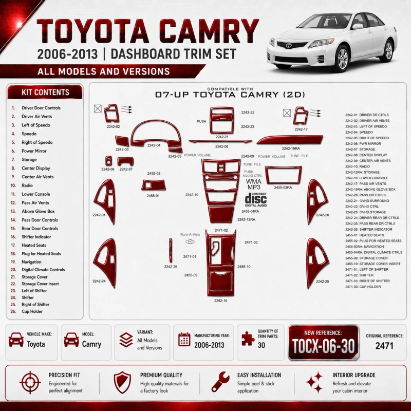 Toyota Camry 2006-2013 kit décoration intérieure tableau de bord 30 pièces
