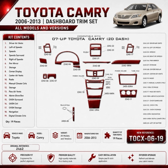 Toyota Camry 2006-2013 kit décoration intérieure tableau de bord 19 pièces