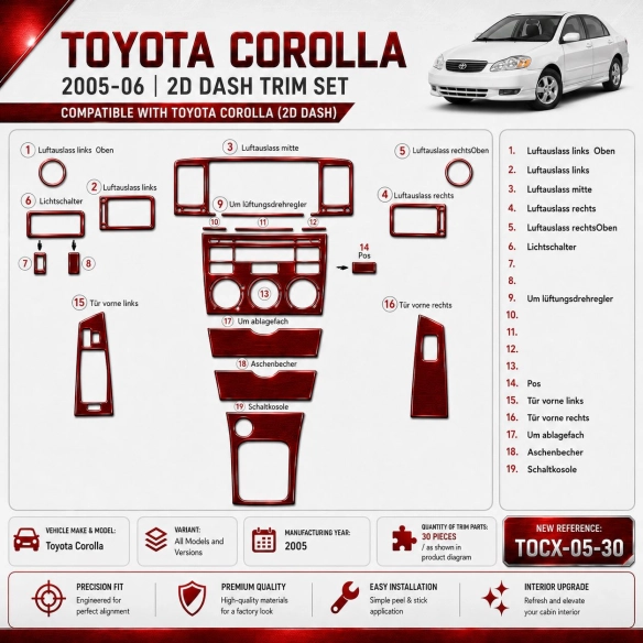Toyota Corolla 2005 kit décoration intérieure tableau de bord 30 pièces