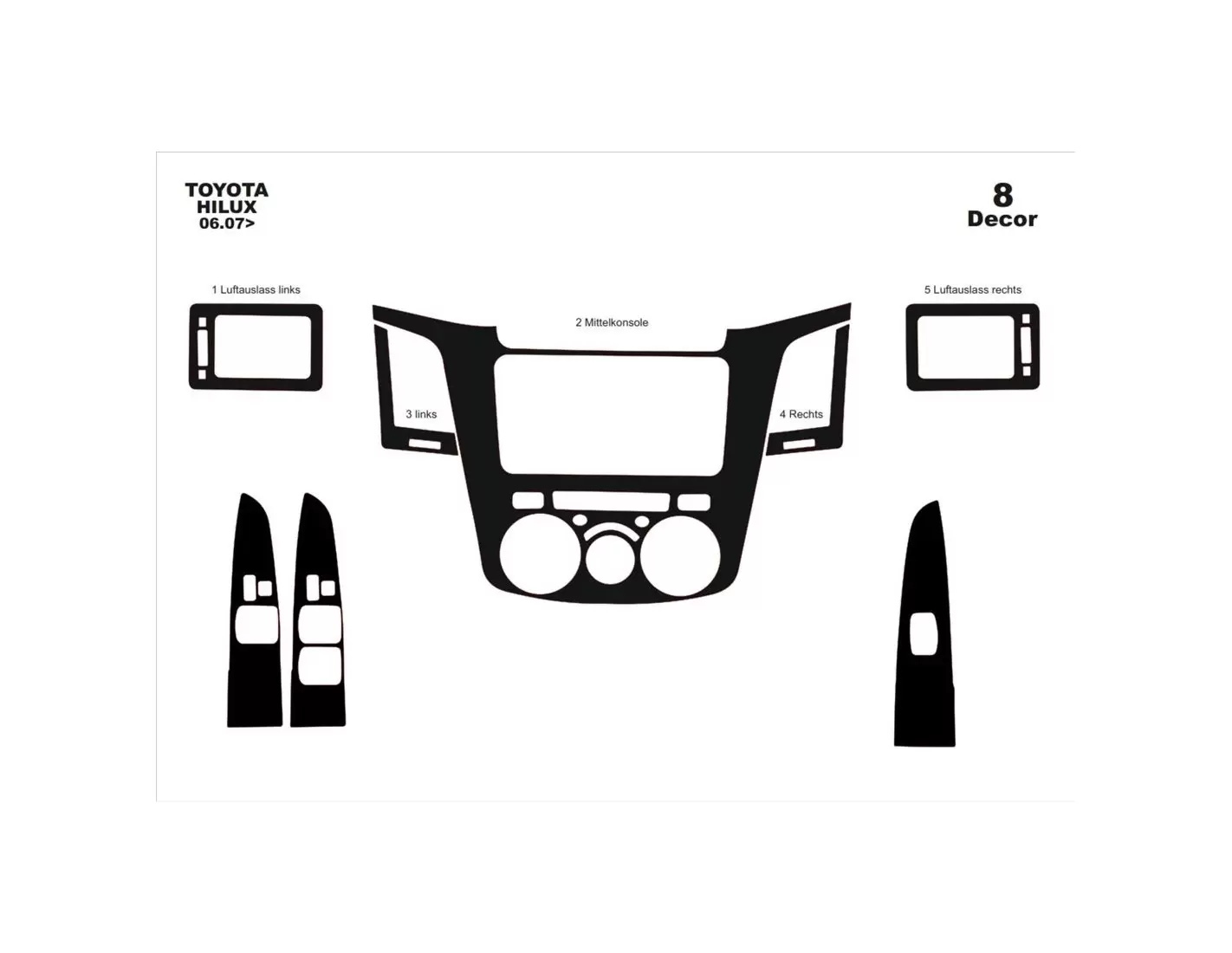 Toyota Hilux MK7 2004–2015 Kit la décoration du tableau de bord 8-Pièce - 1 - habillage decor de tableau de bord