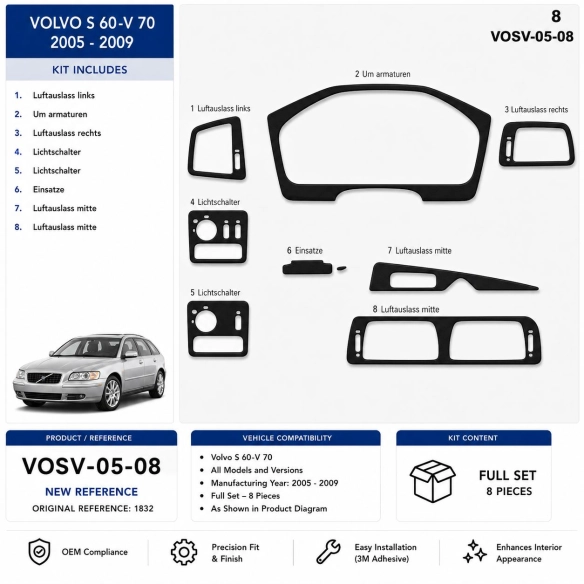 Volvo S 60-V 70 2005-2009 3D kit décoration intérieure tableau de bord 8 pièces