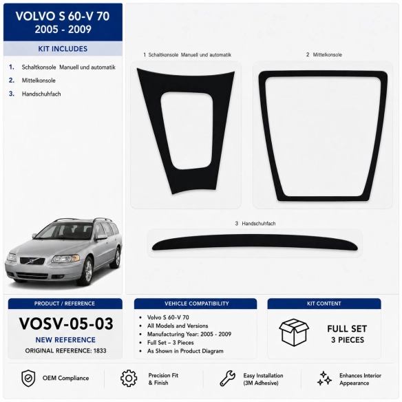 Volvo S 60-V 70 2005-2009 3D kit décoration intérieure tableau de bord 3 pièces