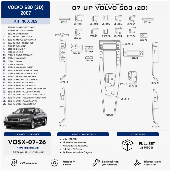 Volvo S80 2007 kit décoration intérieure tableau de bord 26 pièces