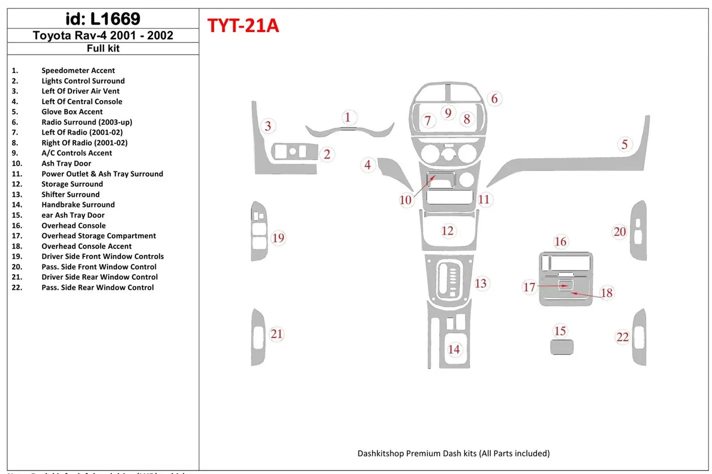 Toyota RAV-4 2001-2002 Ensemble Complet BD Kit la décoration du tableau de bord - 1 - habillage decor de tableau de bord