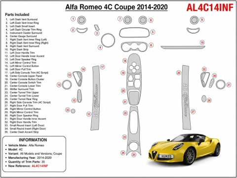 Alfa Romeo 4C Coupe 2014-2020 kit décor tableau de bord 3D, 35 pièces 2