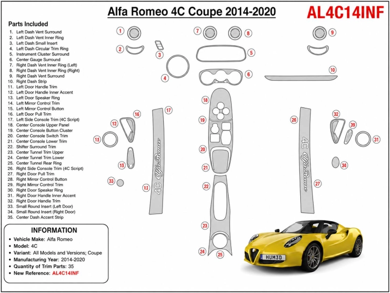 Alfa Romeo 4C Coupe 2014-2020 kit décor tableau de bord 3D, 35 pièces