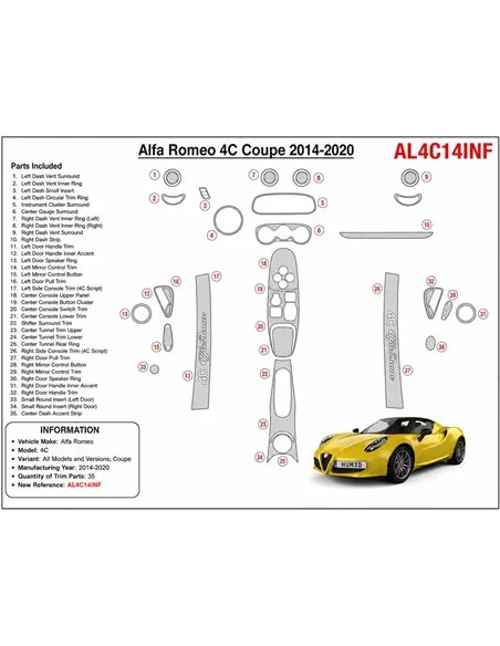 Alfa Romeo 4C Coupe 2014-2020 kit décor tableau de bord 3D, 35 pièces