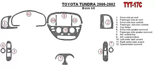Toyota Tundra 2000-2002 2 & 4 Des portes, Paquet de base, 12 Parts set BD Kit la décoration du tableau de bord - 1 - habillage d
