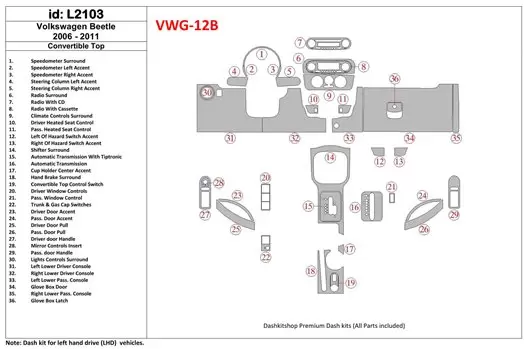 Volkswagen Beetle 2006-2011 Ensemble Complet, fits (Cabrio) BD Kit la décoration du tableau de bord - 1 - habillage decor de tab