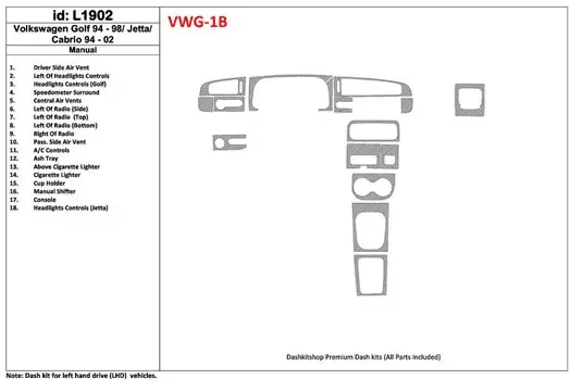 Volkswagen Cabrio 1994-2002 boîte manuellebox, 18 Parts set BD Kit la décoration du tableau de bord - 1 - habillage decor de tab