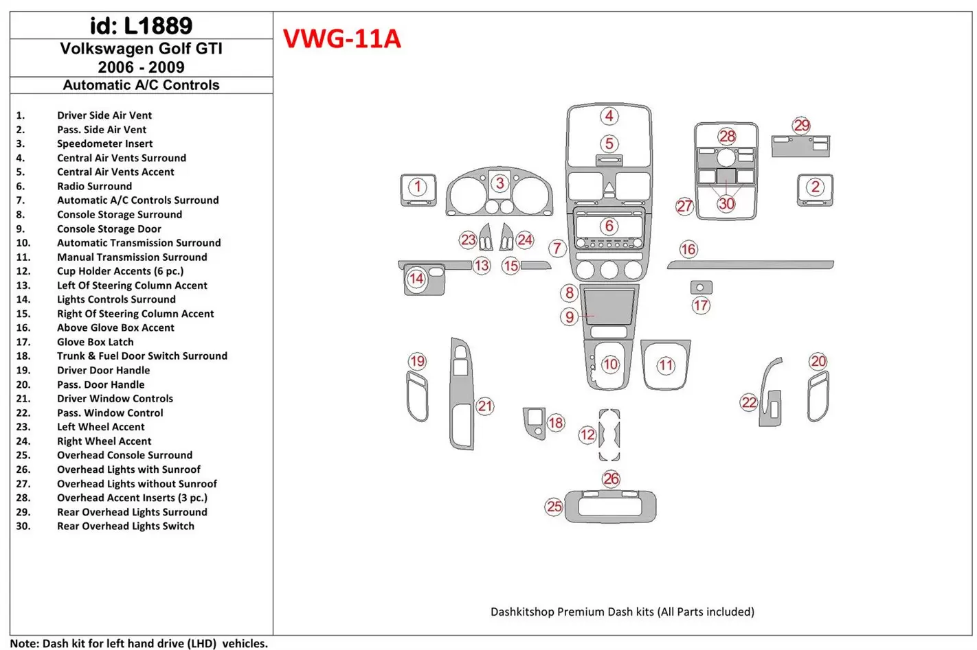 Volkswagen Touran 01.03-12.09 Habillage Décoration de Tableau de Bord  11-Pièce