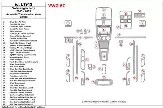 Volkswagen Jetta 2005-2009 Boîte automatique, Value Edition BD Kit la décoration du tableau de bord - 1 - habillage decor de tab