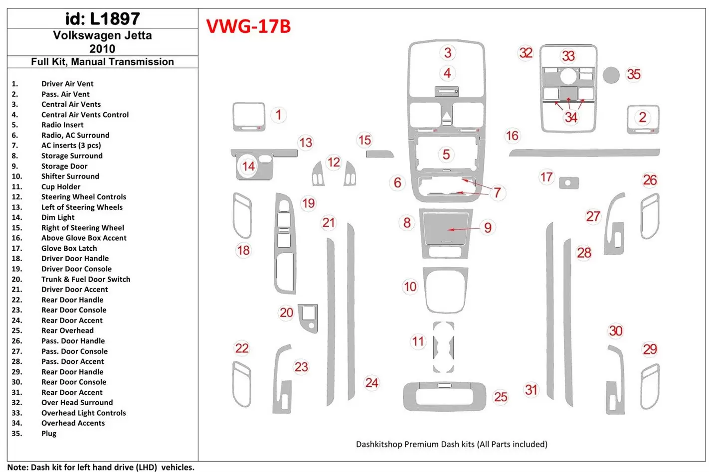 Volkswagen Jetta 2010-2010 Ensemble Complet, boîte manuelle Box BD Kit la décoration du tableau de bord - 1 - habillage decor de
