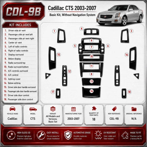 Cadillac CTS 2003-2007 set de base kit décor tableau de bord 3D, 18 pièces 2