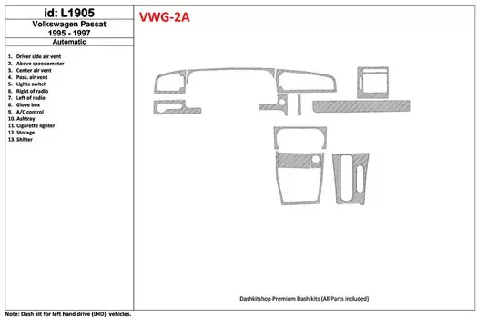 Volkswagen Passat 1995-1997 Boîte automatique, 11 Parts set BD Kit la décoration du tableau de bord - 1 - habillage decor de tab