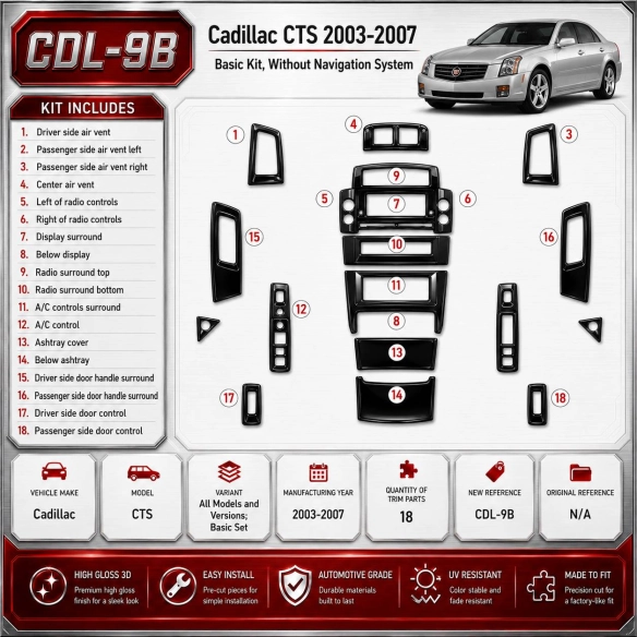 Cadillac CTS 2003-2007 kit de base, 18 pièces kit décoration intérieure tableau de bord