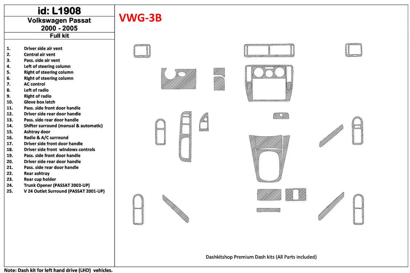 Volkswagen Passat 2000-2005 Ensemble Complet, 24 Parts set BD Kit la décoration du tableau de bord - 1 - habillage decor de tabl