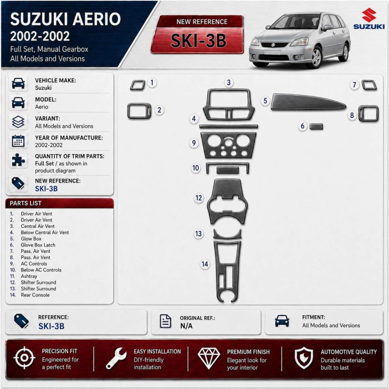 Suzuki Aerio 2002-2002 kit complet, boîte manuelle boîte kit décoration intérieure tableau de bord