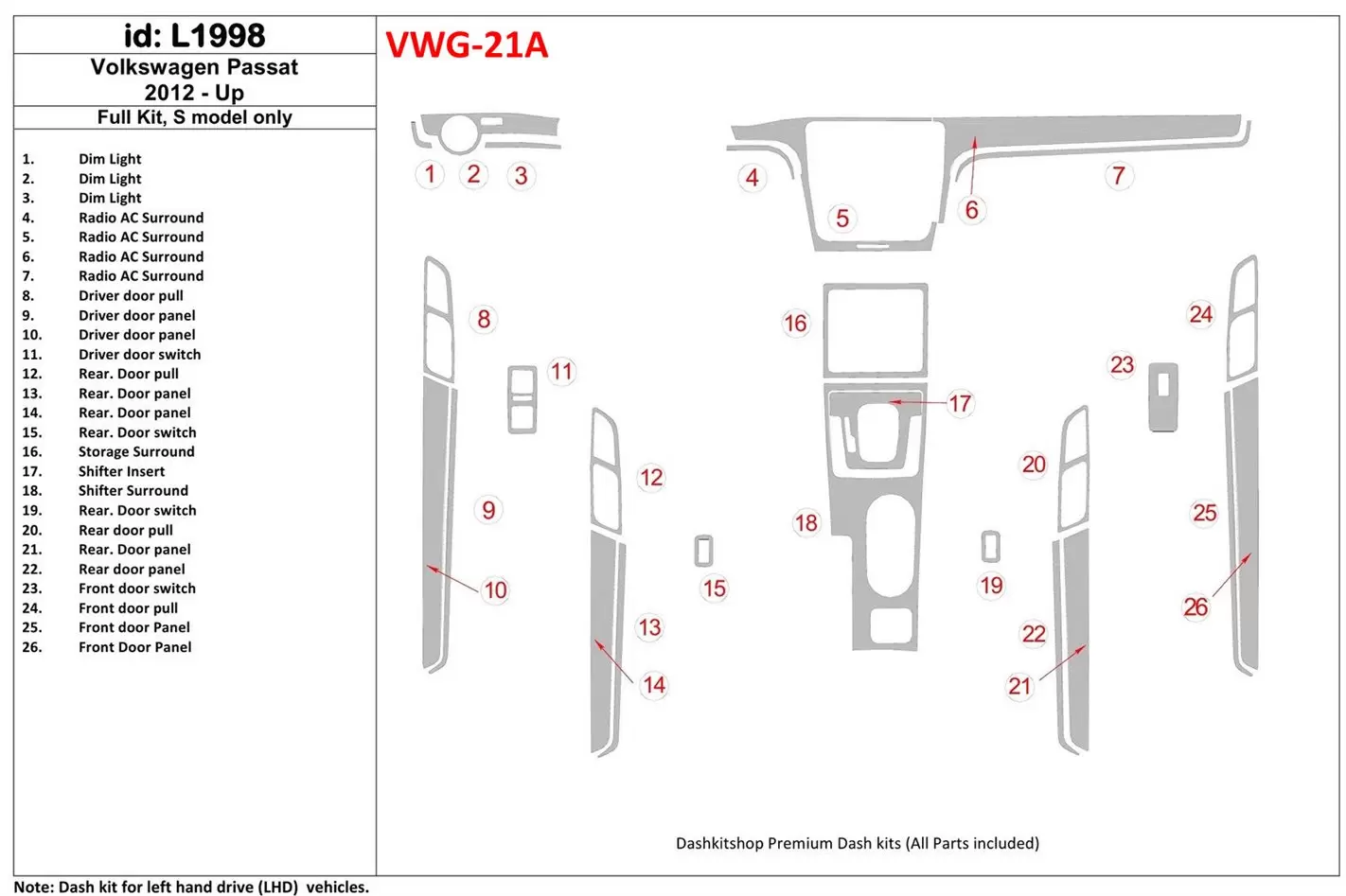 Volkswagen Passat B7 2012-UP S Model BD Kit la décoration du tableau de bord - 1 - habillage decor de tableau de bord