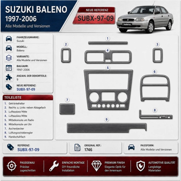 Suzuki Baleno 1997-2006 3D kit décoration intérieure tableau de bord 9 pièces