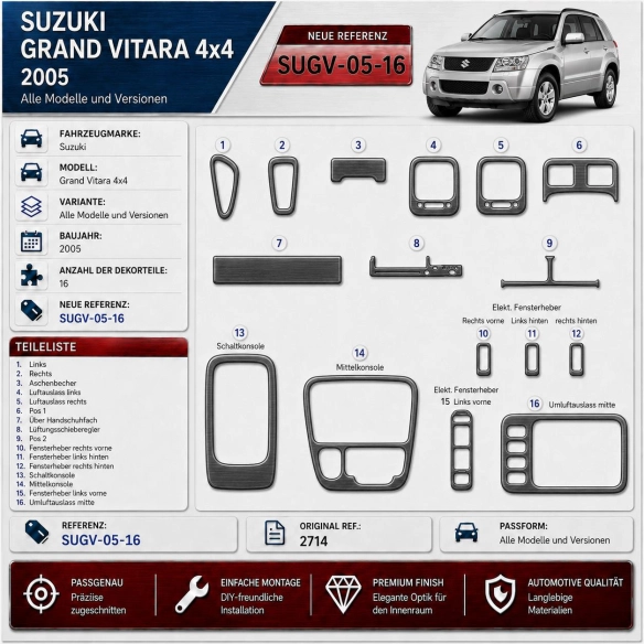 Suzuki Grand vitara 4x4 2005 - à aujourd’hui 3D kit décoration intérieure tableau de bord 16 pièces