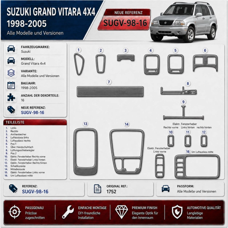 Suzuki Grand vitara 4x4 1998-2005 3D kit décoration intérieure tableau de bord 16 pièces