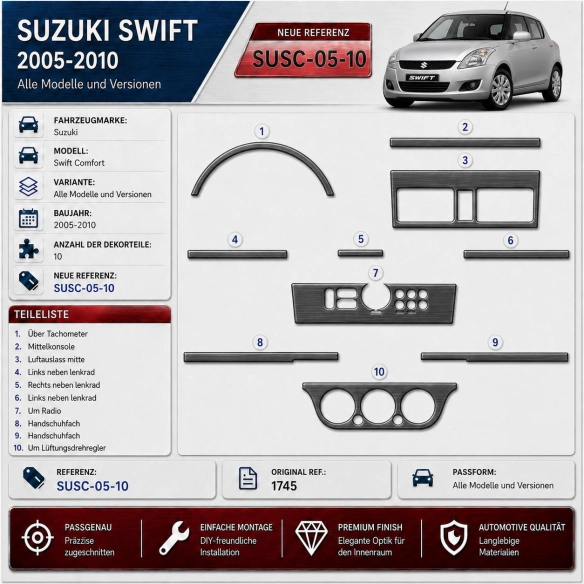 Suzuki Swift Comfort 2005-2010 3D kit décoration intérieure tableau de bord 10 pièces