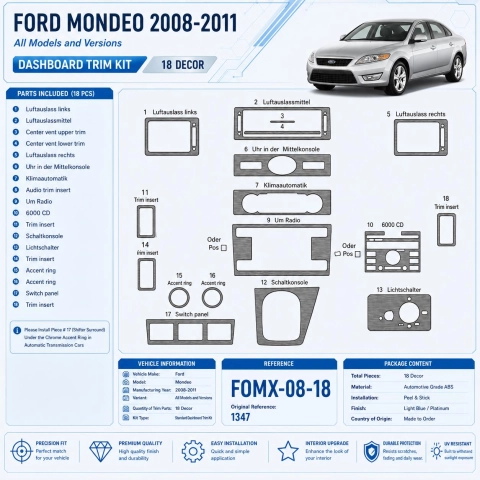 Ford Mondeo 2008-2011 3D kit décoration intérieure tableau de bord 18 pièces