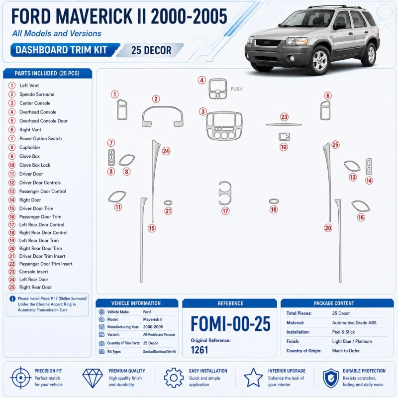 Ford Maverick II 2000-2005 kit décoration intérieure tableau de bord 25 pièces