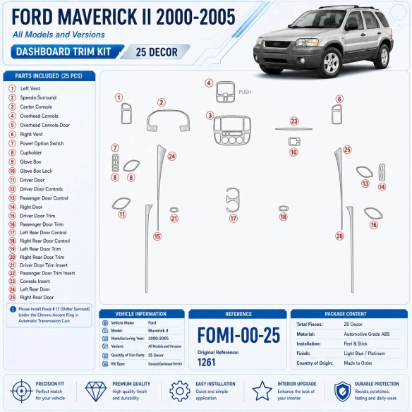 Ford Maverick II 2000-2005 kit décoration intérieure tableau de bord 25 pièces