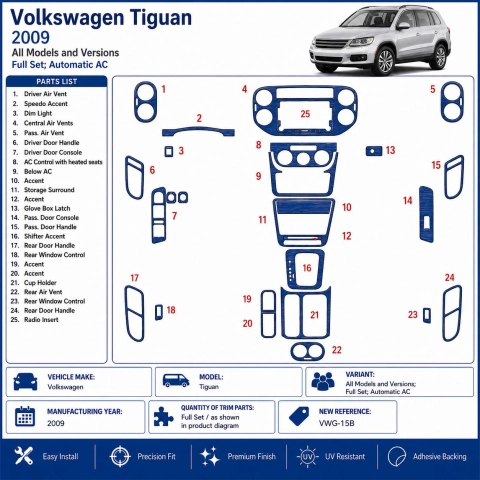 Volkswagen Tiguan 2009-2009 set complet, Automatic AC kit décor tableau de bord 3D 2