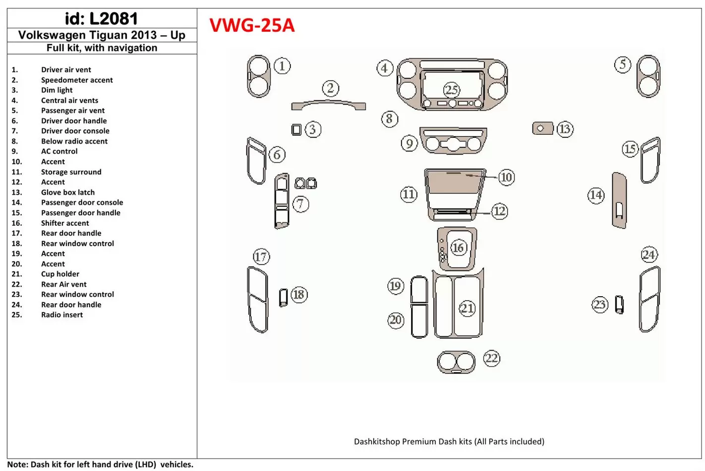 Volkswagen Tiguan 2013-UP Ensemble Complet, Avec NAVI BD Kit la décoration du tableau de bord - 1 - habillage decor de tableau d