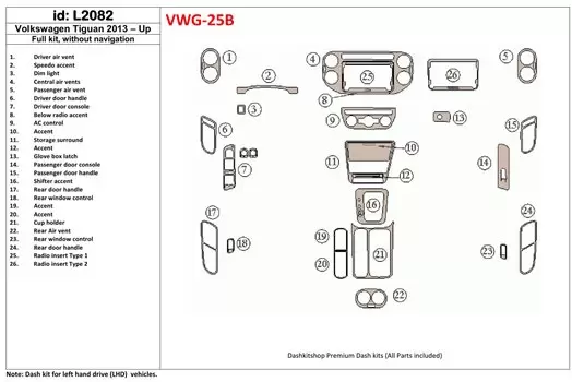 Volkswagen Tiguan 2013-UP Ensemble Complet, Sans NAVI BD Kit la décoration du tableau de bord - 1 - habillage decor de tableau d