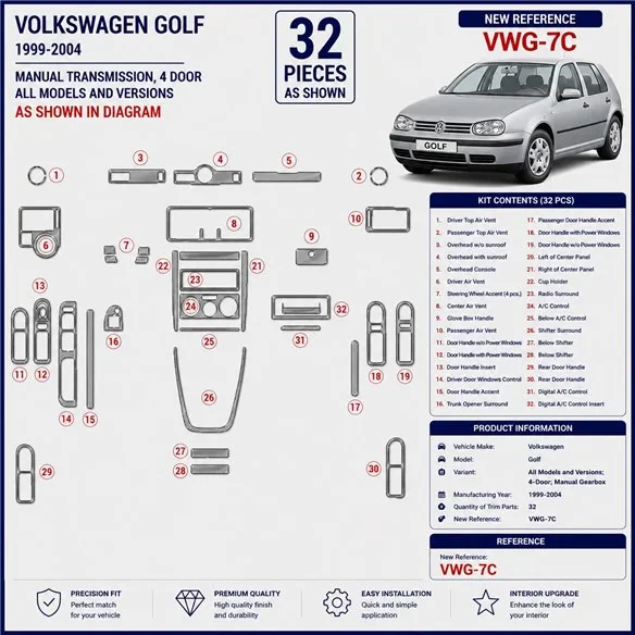 Volkswagen Golf 1999-2004 4 Doors, boîte manuelle kit décor tableau de bord 3D