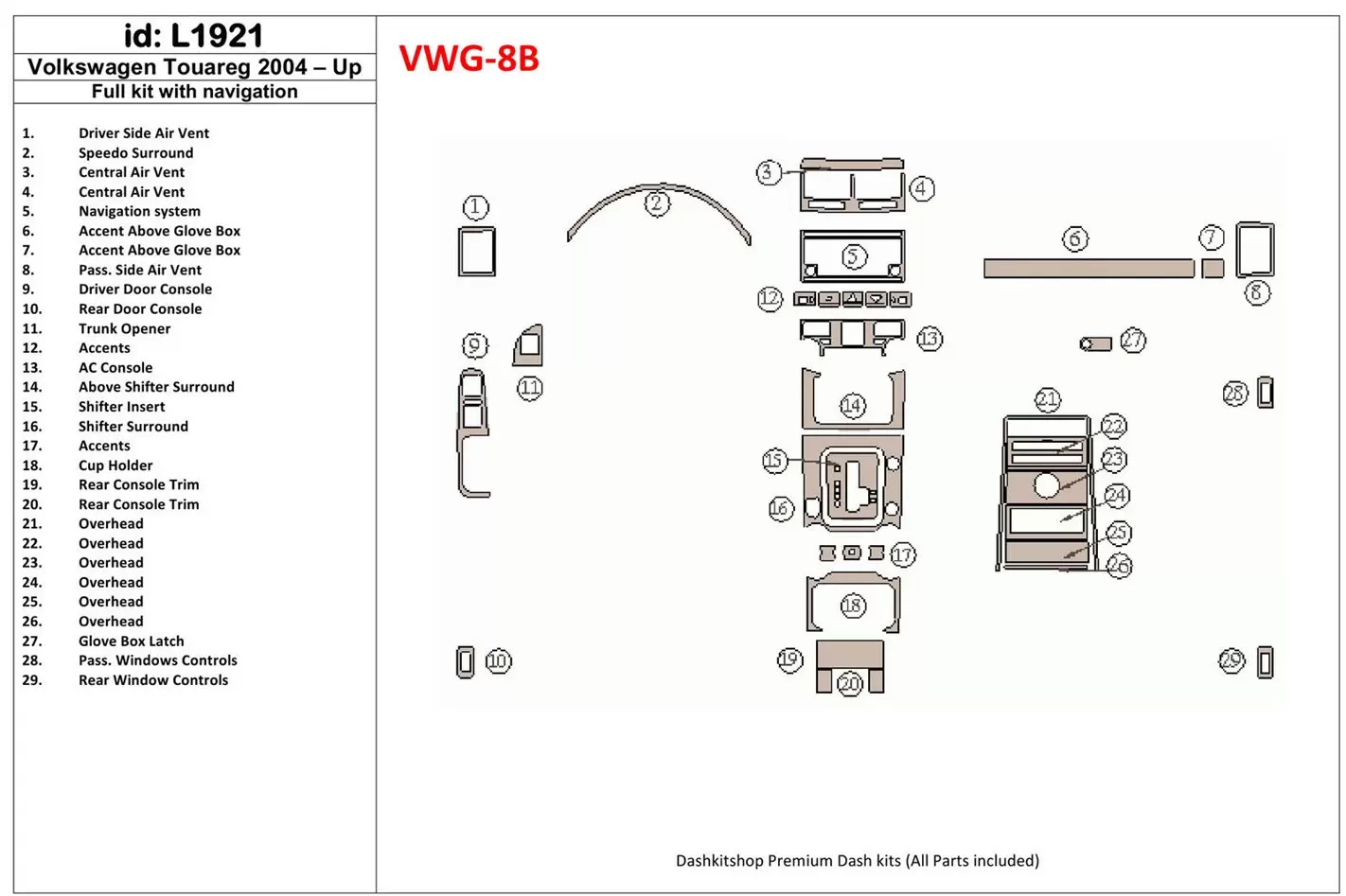 Volkswagen Touareg 2004-UP Ensemble Complet, Avec NAVI BD Kit la décoration du tableau de bord - 1 - habillage decor de tableau 
