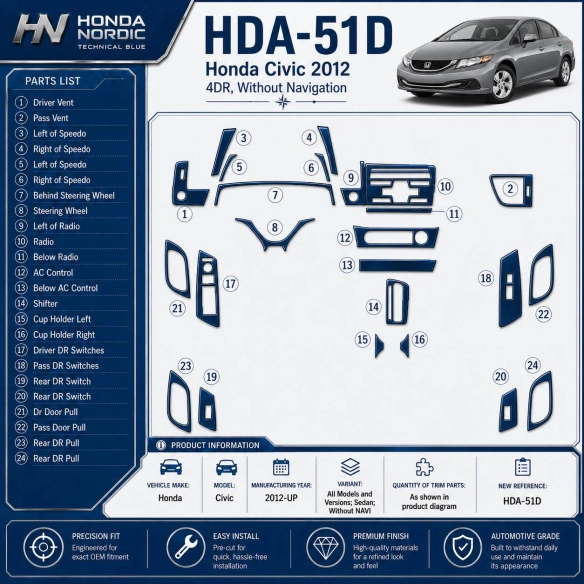 Honda Civic 2012 - à aujourd’hui Sedan, sans navigation kit décoration intérieure tableau de bord