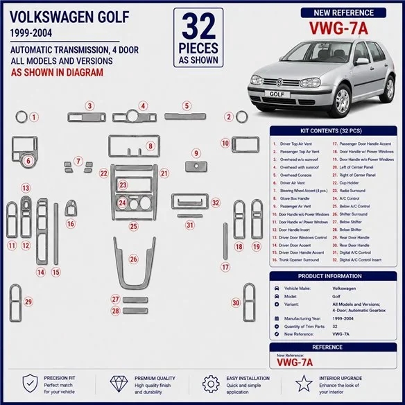 Volkswagen Golf 1999-2004 4 Doors, boîte auto kit décor tableau de bord 3D
