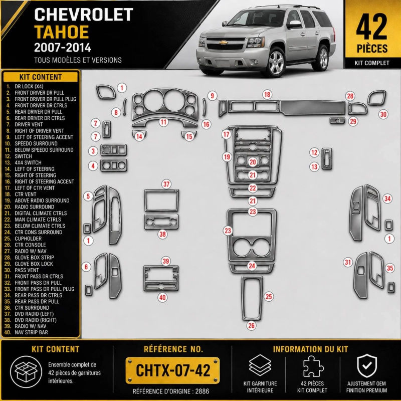 Chevrolet Tahoe 2007-2014 kit décoration intérieure tableau de bord 42 pièces